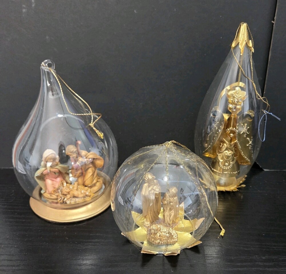 3 Vtg Germany  Diorama Ornaments Foil Tin Christmas Tree Nativity Fontini Angel